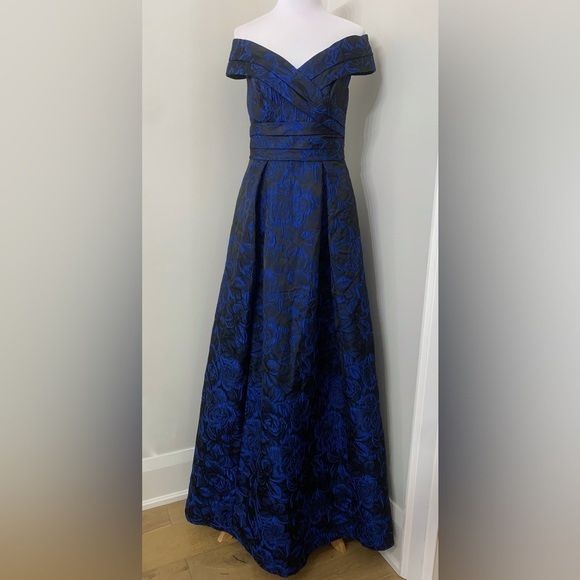 Carmen Marc Valvo Infusion Portrait Collar Brocade Dress Ball Gown Blue Sz 6 
