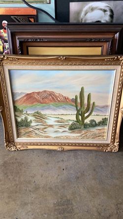 Vintage desert landscape baroque style wood frame painting