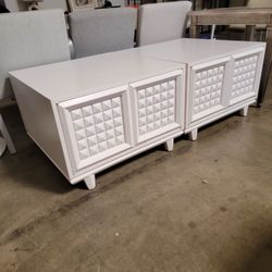 White Geometric Low Storage Cabinets, Pair