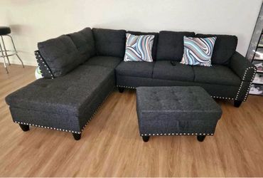 Charcoal linen sectional couch and ottoman