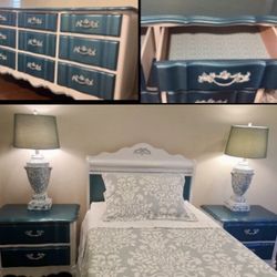 Gorgeous French Provincial  Solid Wood, 5-Piece Bedroom Set - Turquoise, silver, white