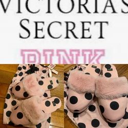 Victoria's Secret Signature Satin Slippers Pink/Black Polka Dot /Faux Fur M7/8