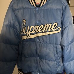 Supreme Blue Varsity Puffy Satin Jacket 