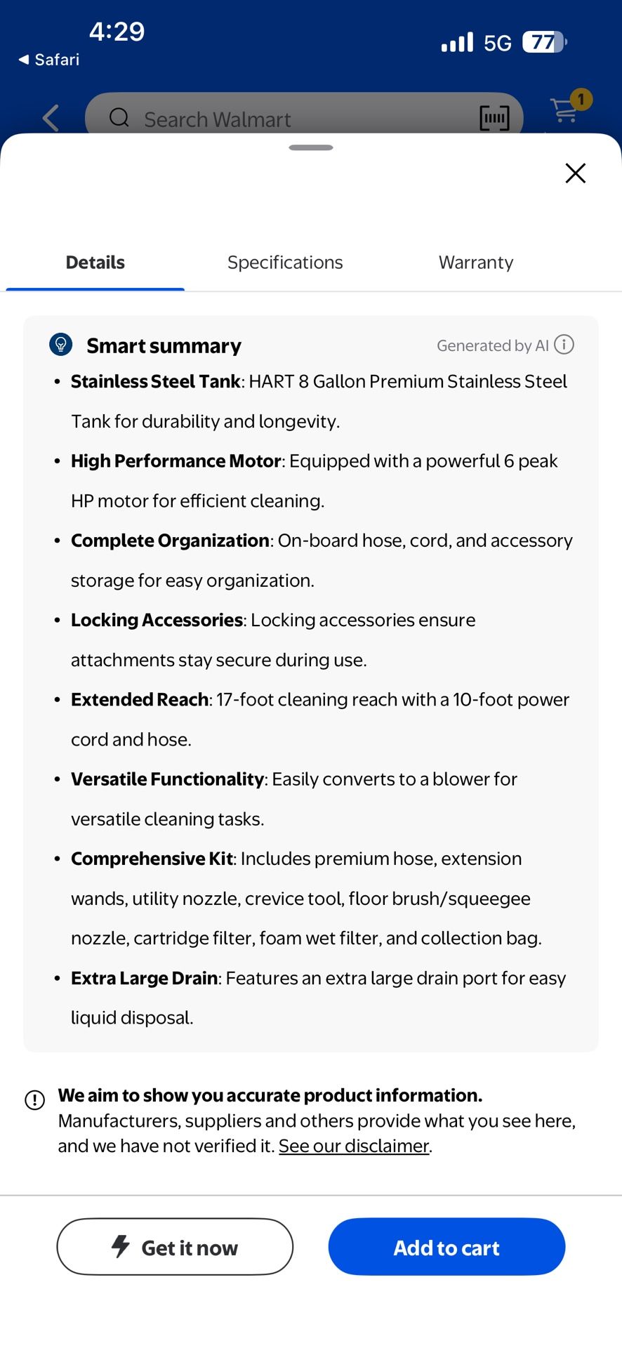 HART 8 Gallon 6 Peak HP Stainless Steel Wet/Dry Vacuum