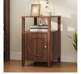 Fluted End Table, Narrow Side Table, Farmhouse Side Nightstand Morden Slim Side Table with Door and Shelf Storage Space Saving Besides Table Fits Livi