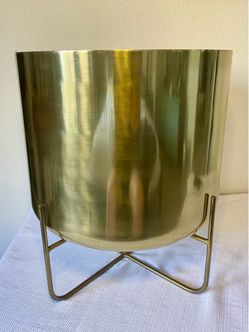 West Elm Mid-Century Brushed Brass Spun Metal "Low Floor" Standing Planter