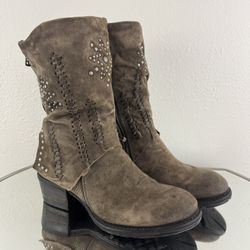 A.S.98 Taupe Brown Suede Leather Clein Calvados Western Studded Mid Calf Boots