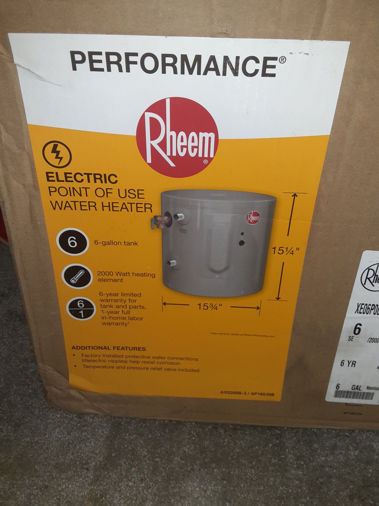 Rheem 6 gallon electric water heater