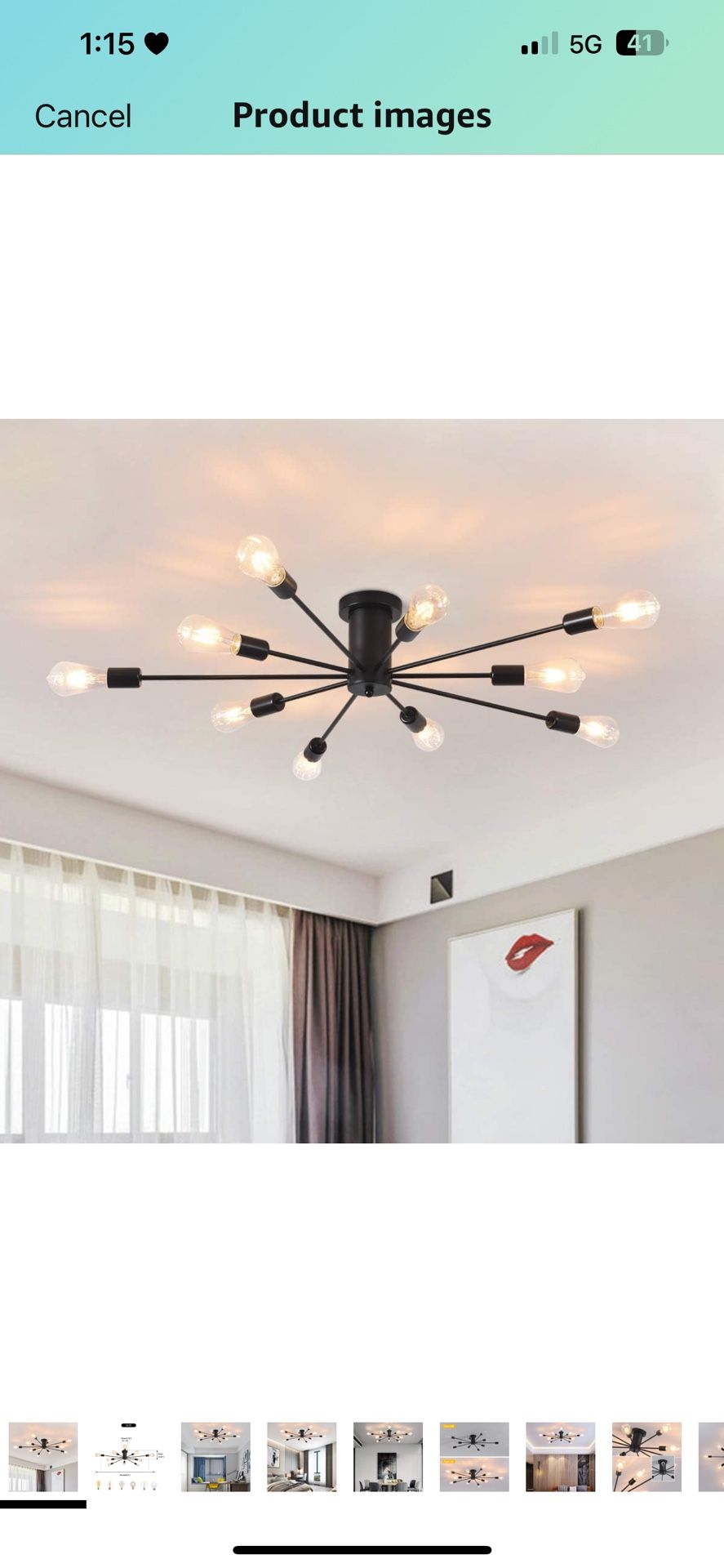 Semi Flush Mount Ceiling Light, 10-Light Modern Black Sputnik Chandelier Industrial