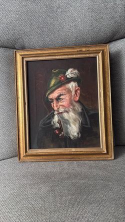 Vintage Hand-Painted Alpine Pipe Smoker Portrait - Authentic Framed Oil Painting