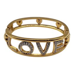 Vintage SWAROVSKI Swan Mark Pave Crystals "LOVE" Gold Tone Hinged Bracelet