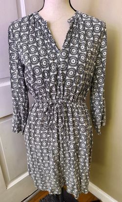 Ann Taylor Loft Dress Womens Petite 8 Black & White Geometric 3/4 Sleeve V Neck