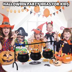 Halloween Witch Cauldron Candy Serving Bowl Hocus Pocus Decor, Set of 3 Black Plastic Cauldron Bowls with Iron Rack, Spooky Candy Bucket Punch Bowls f
