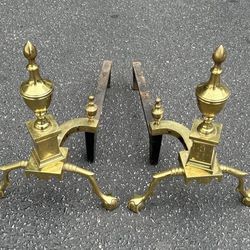 Antique Regency Brass Ball And Claw Feet Fire Place Andirons