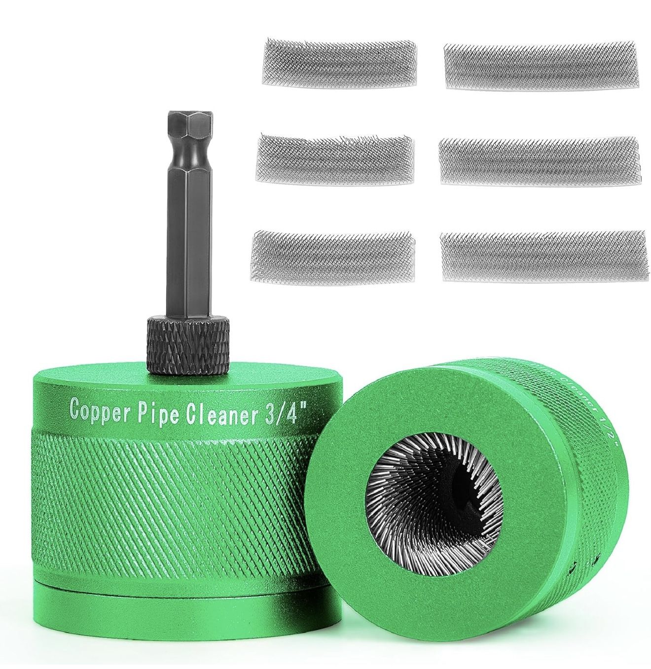 1/2" & 3/4" Metal Copper Pipe Cleaner Set with 1/4 Hex Shank,Each Set Additional 3Pcs Replaceable Blades for Cleaning Rust,Stains and Paint from Coppe