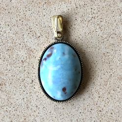 🔵 Beautiful, vintage, blue white brown speckled plastic cabochon in gold tone metal setting