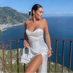 NWOT‼️ ZARA BUSTIER STRAPY BACK SATIN MIDI LACE UP DRESS WHITE Size S