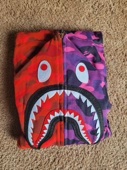 Large Bape Shark Hoodie Purple And Red Full Zip Up 100% Cotton