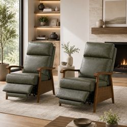 Set of 2 Genuine Leather Recliner Chairs – Fern Green Wood Frame