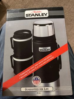 Vintage Aladdin Stanley Thermos Black & Stainless Quart w/2 Cups CLEAN