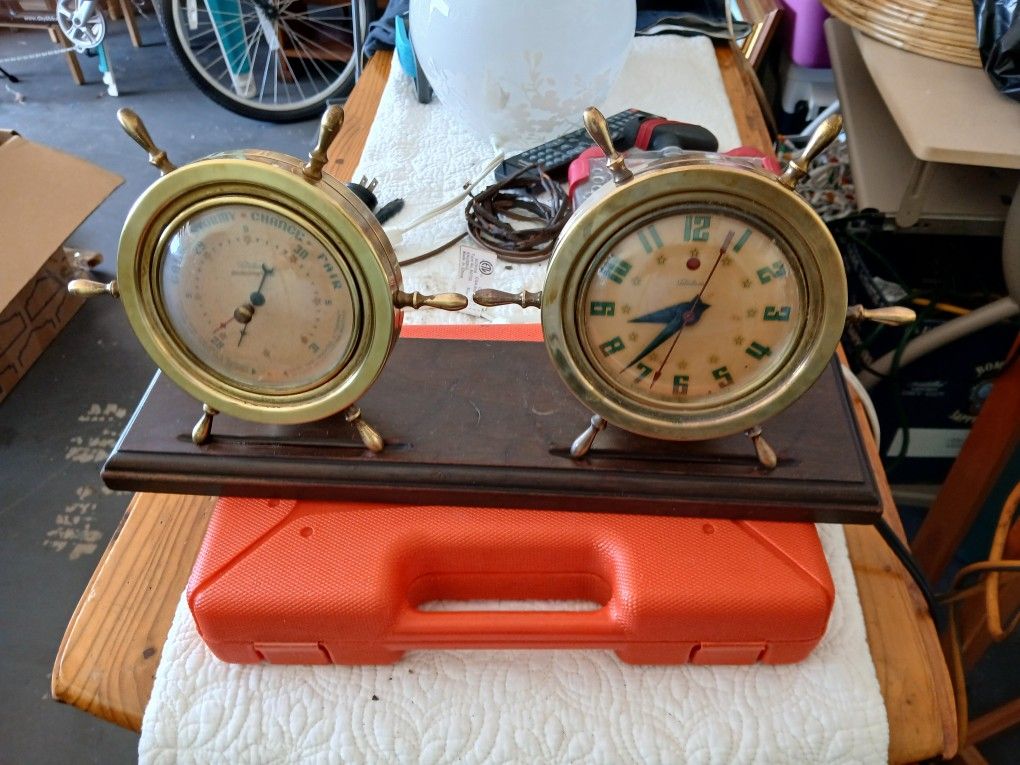 Vintage Brass Nautical Ships Wheel Electric Clock And Barometer