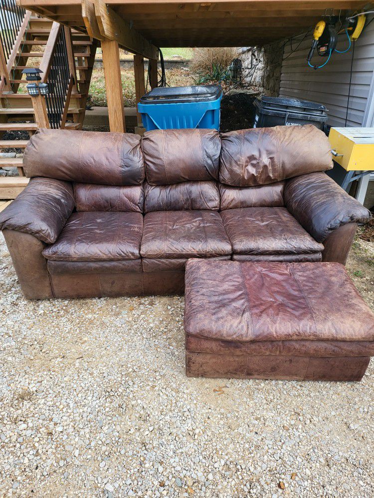 Real Leather Sofa And Footstool