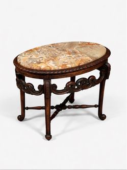 Italian Carved Mahogany Table w/ Foliate Scrollwork, Central Cartouche & Breccia Marble Top, c.1900's - Delivery Available