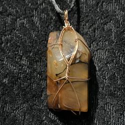 Banded Carnelian Agate Pendant Wrapped In Copper Wire