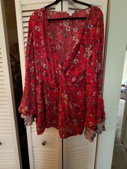 Red Floral Long Sleeve Wrap Romper