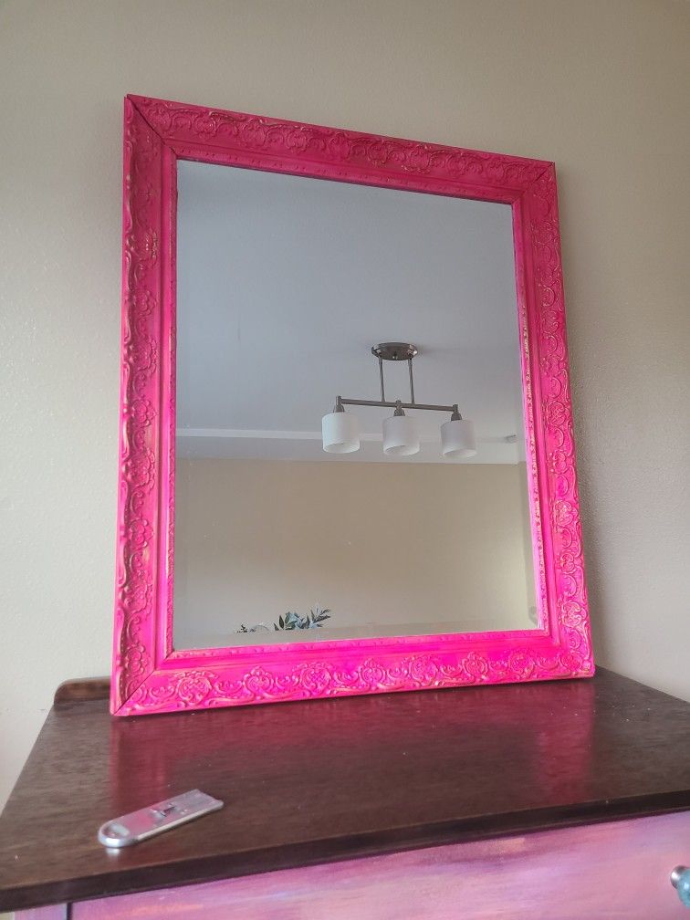 Boho Neon Pink Painted Mirror