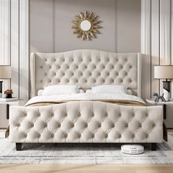 Queen Size 54.3" Handmade Tufted Tall Bed Frame with Velvet Headboard, Tall Wing-Back Platform Bed