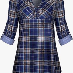 Miusey Womens Buffalo Plaid Roll Sleeve V Neck Flowy Loose Tunic Blouse