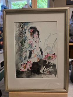 Framed Asian Watercolor Painting with Lotus Flowers. 0902908