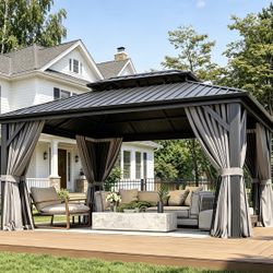 New Sealed-Aoxun 12Ft X 16Ft Hardtop Gazebo, Aluminum Metal Outdoor Gazebo with Breathable Netting and Curtains, Galvanized Steel Double Top, Permanen