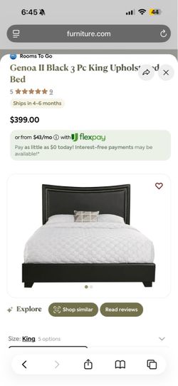 Rooms To Go Genoa II Black King Upholstered Bed.  Headboard, rails, footboard all in box.