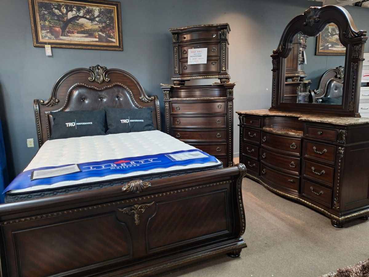 Roma Queen Bed w/ Dresser & Mirror Set w/ Marble Top