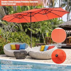 15 ft. Steel 48 Solar LED Twin Patio Umbrella without Weighted Base in Orange