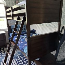 Twin Over Twin Brown Wood Bunk Bed With Ladder And Night Stand 