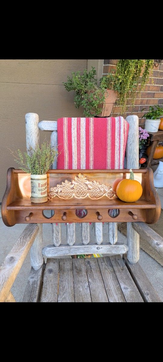 Vintage CottageCore Wood 24 "  Copper Punched Tin Peg Heart Cut Out Shelf 