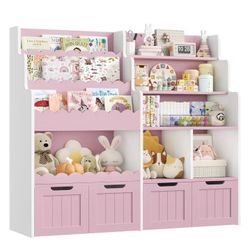 47"Wide Large Kids Bookcase, Wood Bookshelf Toy Storage Organizer with Book Rack & Movable Boxes, Pink Bookshelf