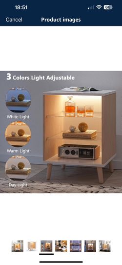   End Table LED Small Side Table with 2 Glass Shelves LED Farmhouse Bedside Table with Storage for Living Room, Bedroom and Home Office,White & Wood