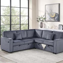 Dark Gray Sofa Sectional w/ Pull- Out Sleeper & USB Ports 