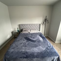 QUEEN SIZE BED/MATTRESS/FLOOR LAMP/NIGHT STAND