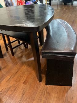 Wood breakfast table with bench and stools