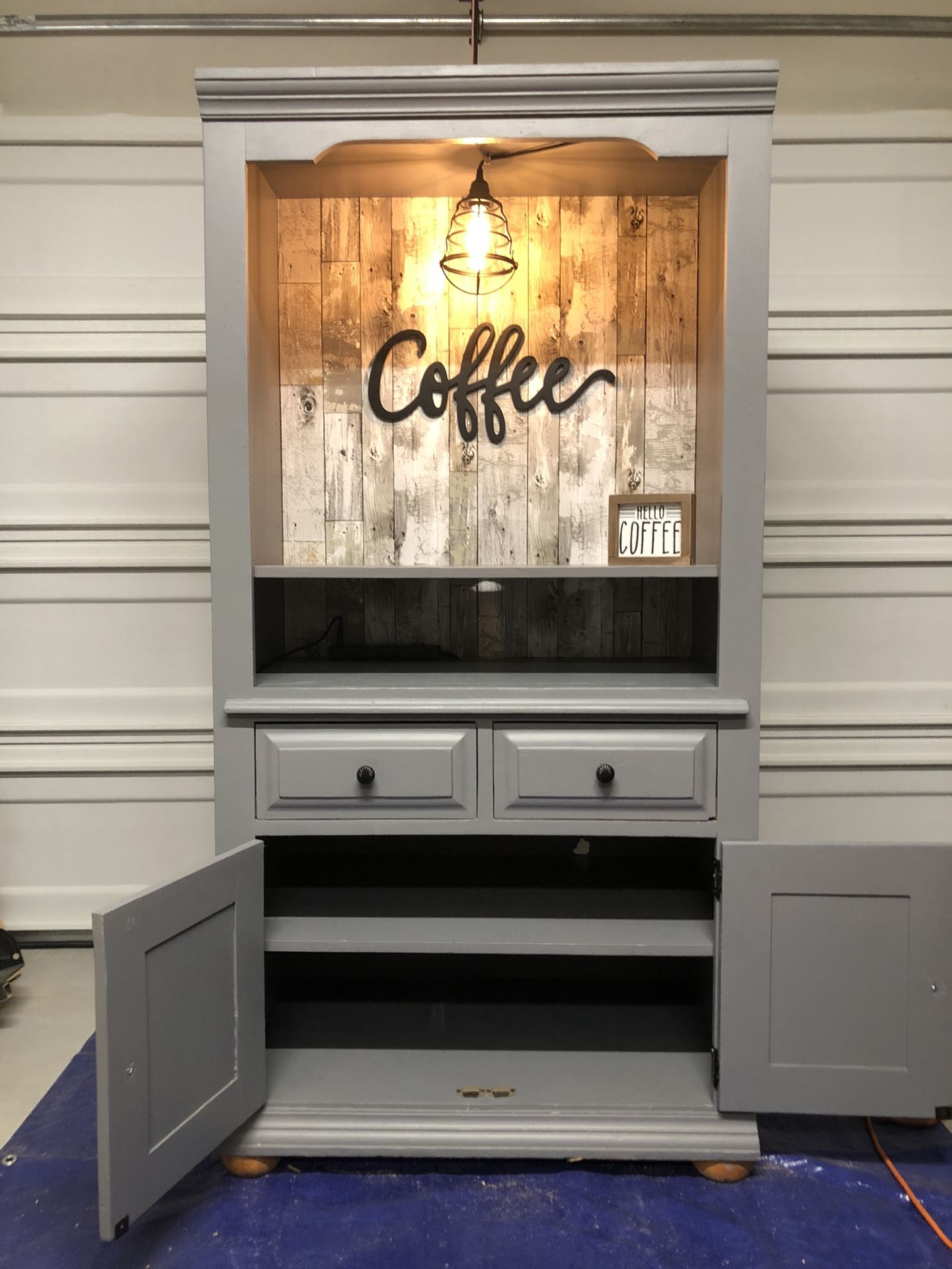 Hutch Coffee bar, coffee station hutch. Reclaimed wood farmhouse decor
