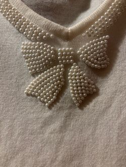Cream Knit Top with Pearl Bow Neckline, Size 1X