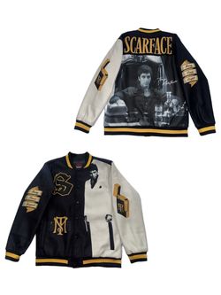 Scarface X Reason Varsity Jacket Mens XL New Black Gold $89 (1 Button Missing)