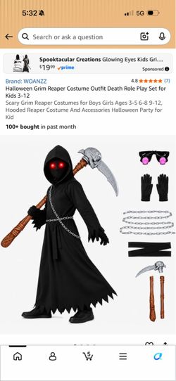 Halloween Grim Reaper Costume Outfit Death Role Play Set for Kids 3-12 Scary Grim Reaper Costumes for Boys Girls Ages 3-5 6-8 9-12, Hooded Reaper Cost