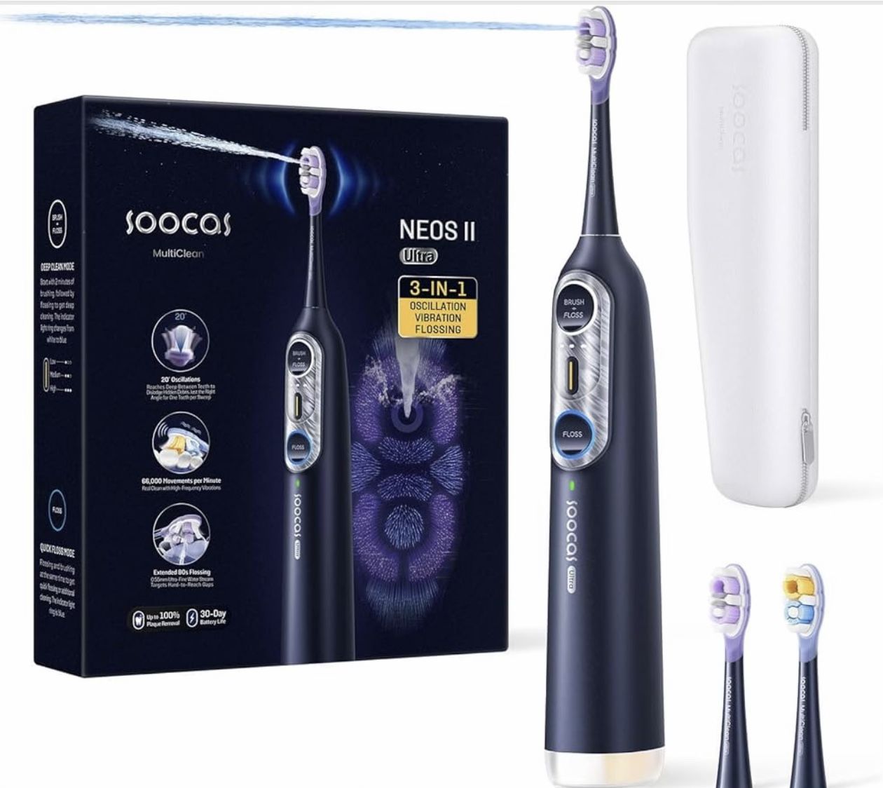 Soocas NEOS II Ultra 3-in-1 Sonic Toothbrush – Rechargeable with Built-In Flosser