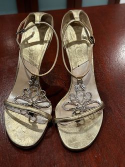 Gold Metallic Heeled Sandals with Rhinestone Detail